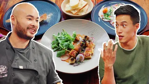 Wilson K Lee with the chef at Straight & Marrow, over a table of dishes